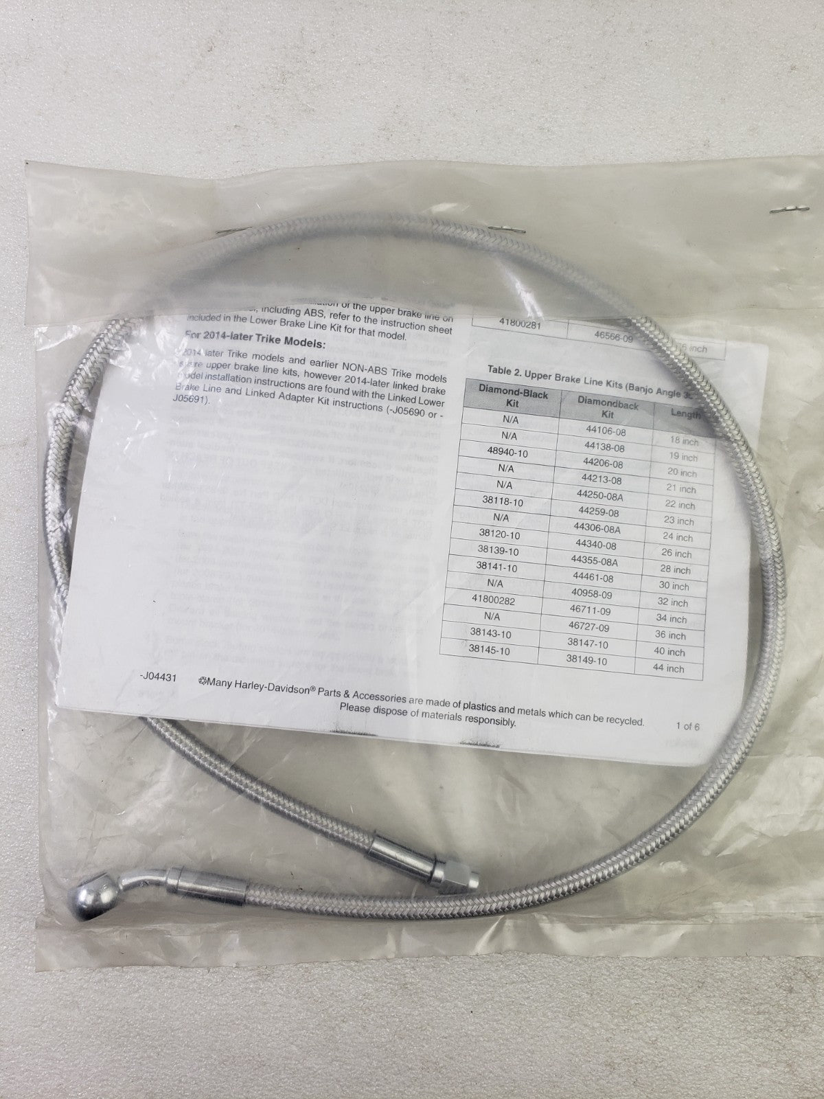 Genuine OEM Harley Davidson 32" Upper Diamondback Upper Brake Line 40958-095