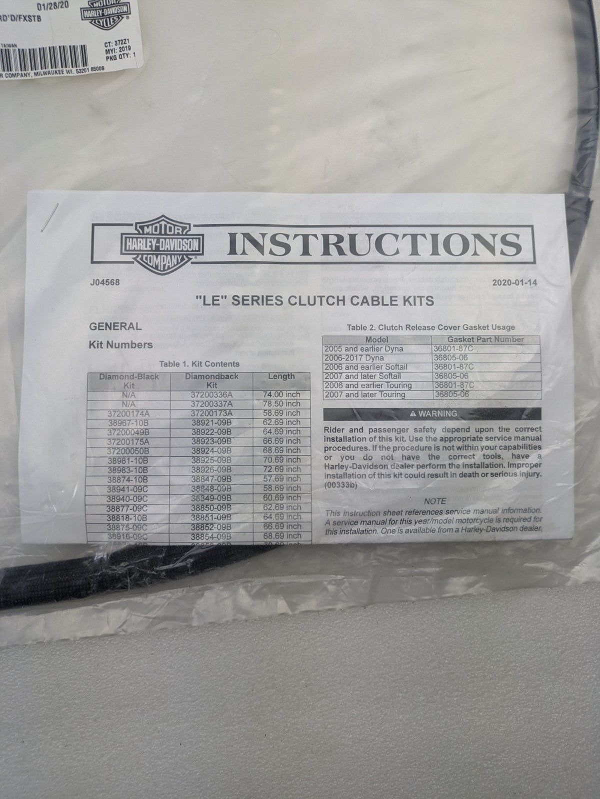 Genuine Harley-Davidson 58.6" inch Clutch Cable Assembly 38941-09C DIAMONDBLACK1
